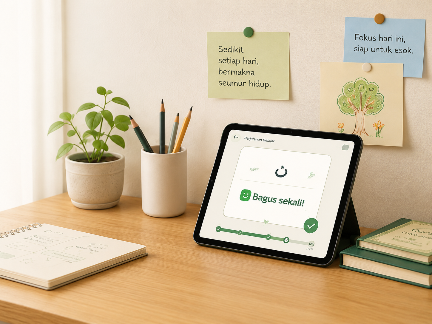 Ruang belajar dengan buku, pensil, tanaman, dan perangkat kelas online yang menampilkan kemajuan belajar